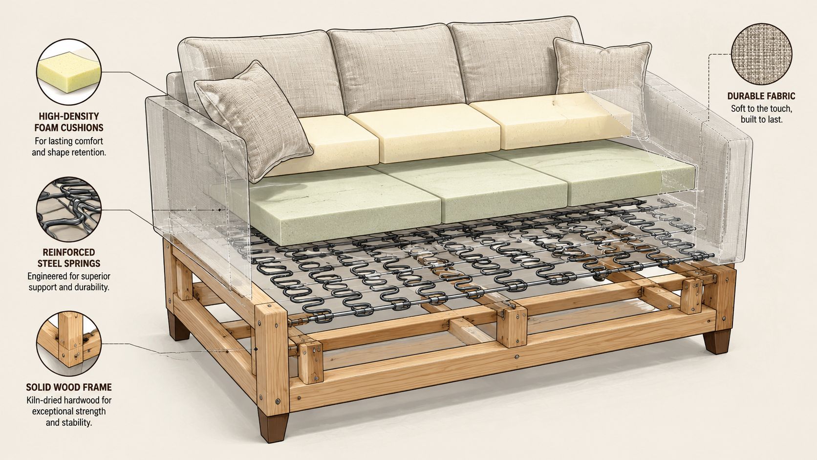 A detailed 3D exploded view of a sofa highlighting high-density foam, steel springs, and a solid wood frame.