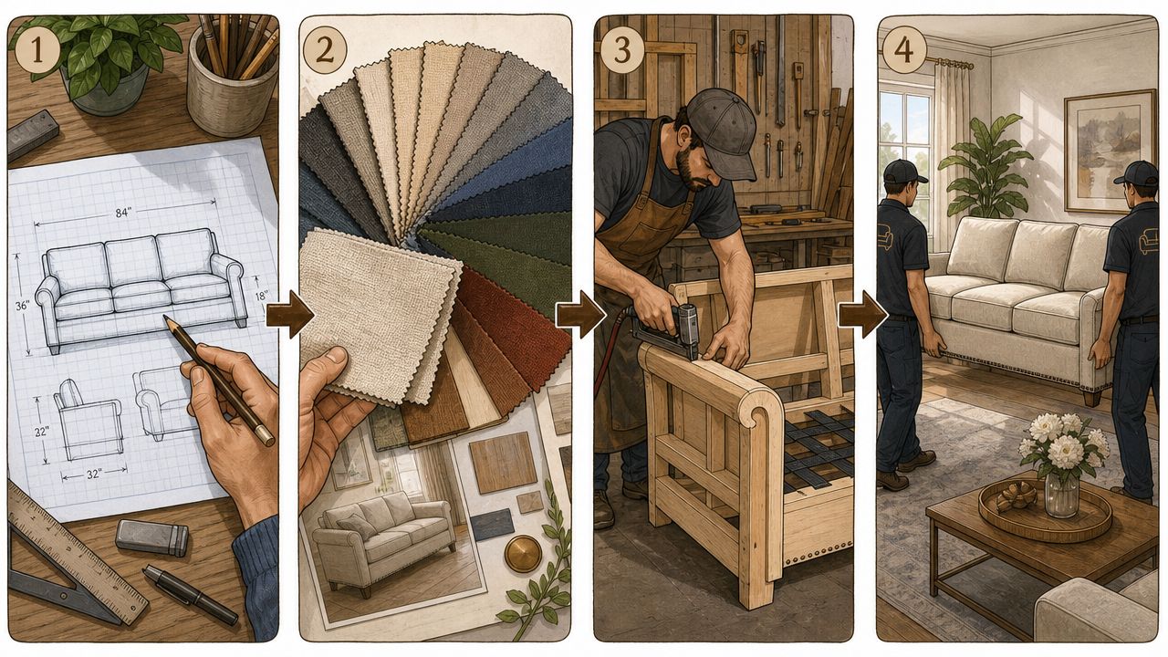 A four-step illustration showing the design, fabric selection, construction, and delivery process of custom sofas.