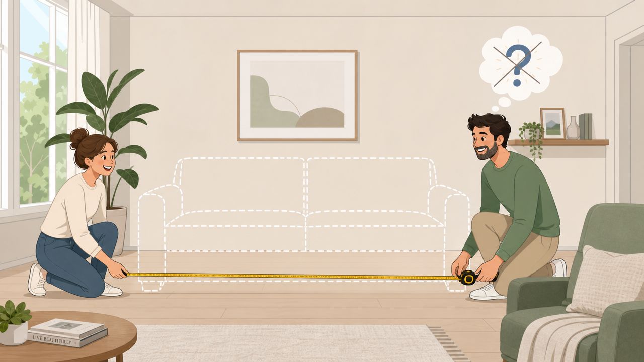 A couple kneeling on the floor, measuring the dimensions of a phantom sofa with a tape measure.