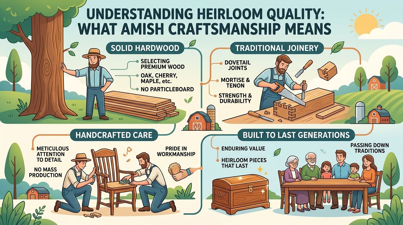 An infographic illustrating Amish craftsmanship principles including solid hardwood, traditional joinery, handcrafted care, and generational durability.