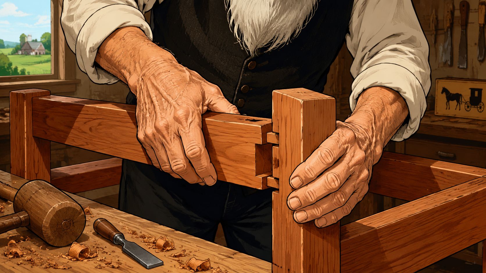 An elderly craftsman carefully joins wooden pieces together in a rustic workshop to create custom furniture.