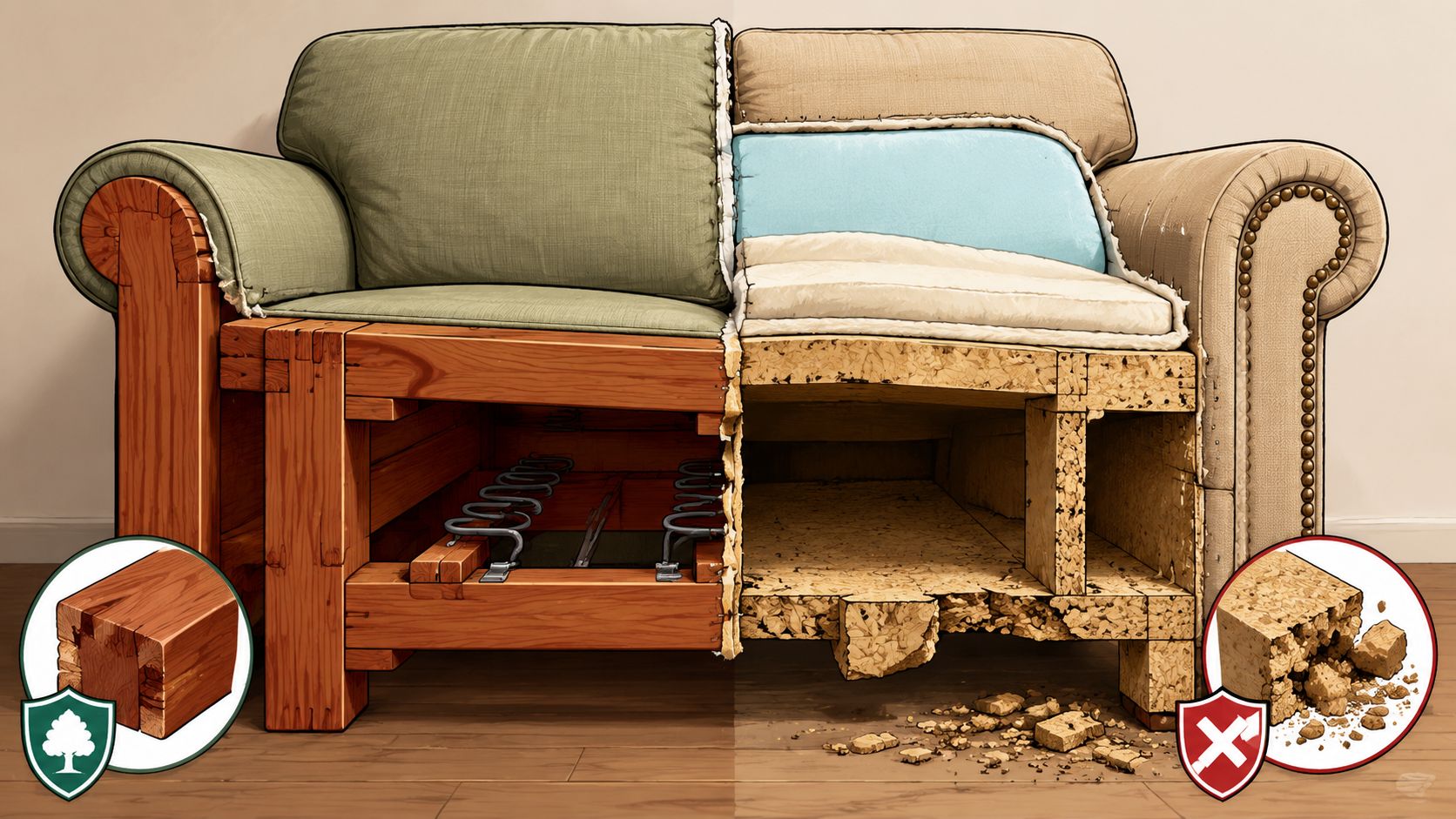 A cutaway view of a sofa comparing a solid wooden frame with a weak, crumbling particle board interior.