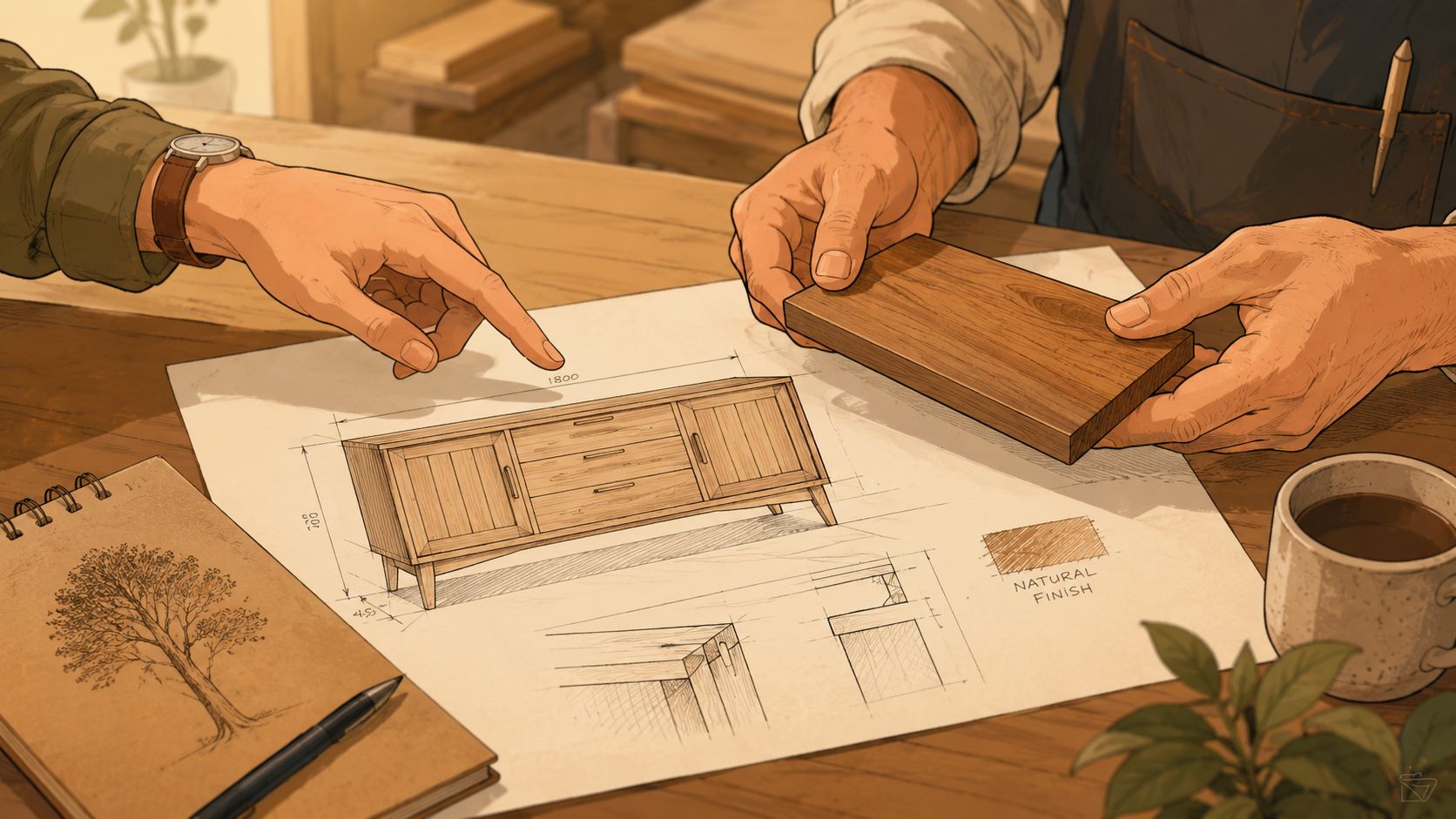 A craftsman and client discuss a furniture design drawing on a workbench with wood samples and coffee.