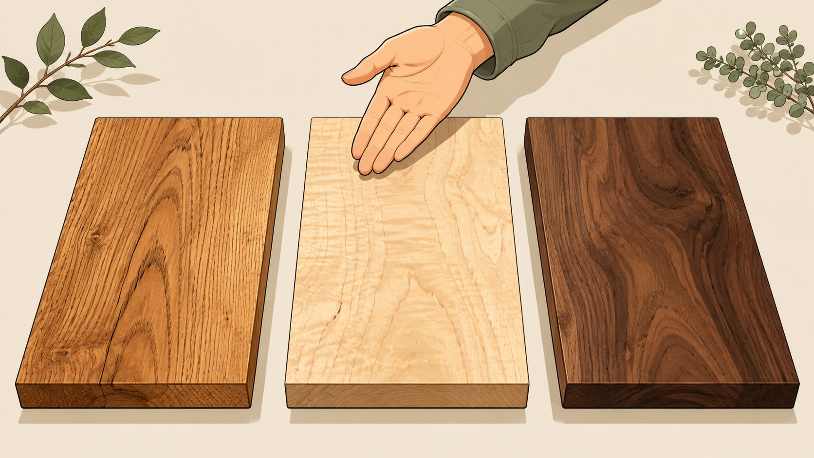 A hand gesturing toward three rectangular wooden planks with different stains and wood grain patterns.