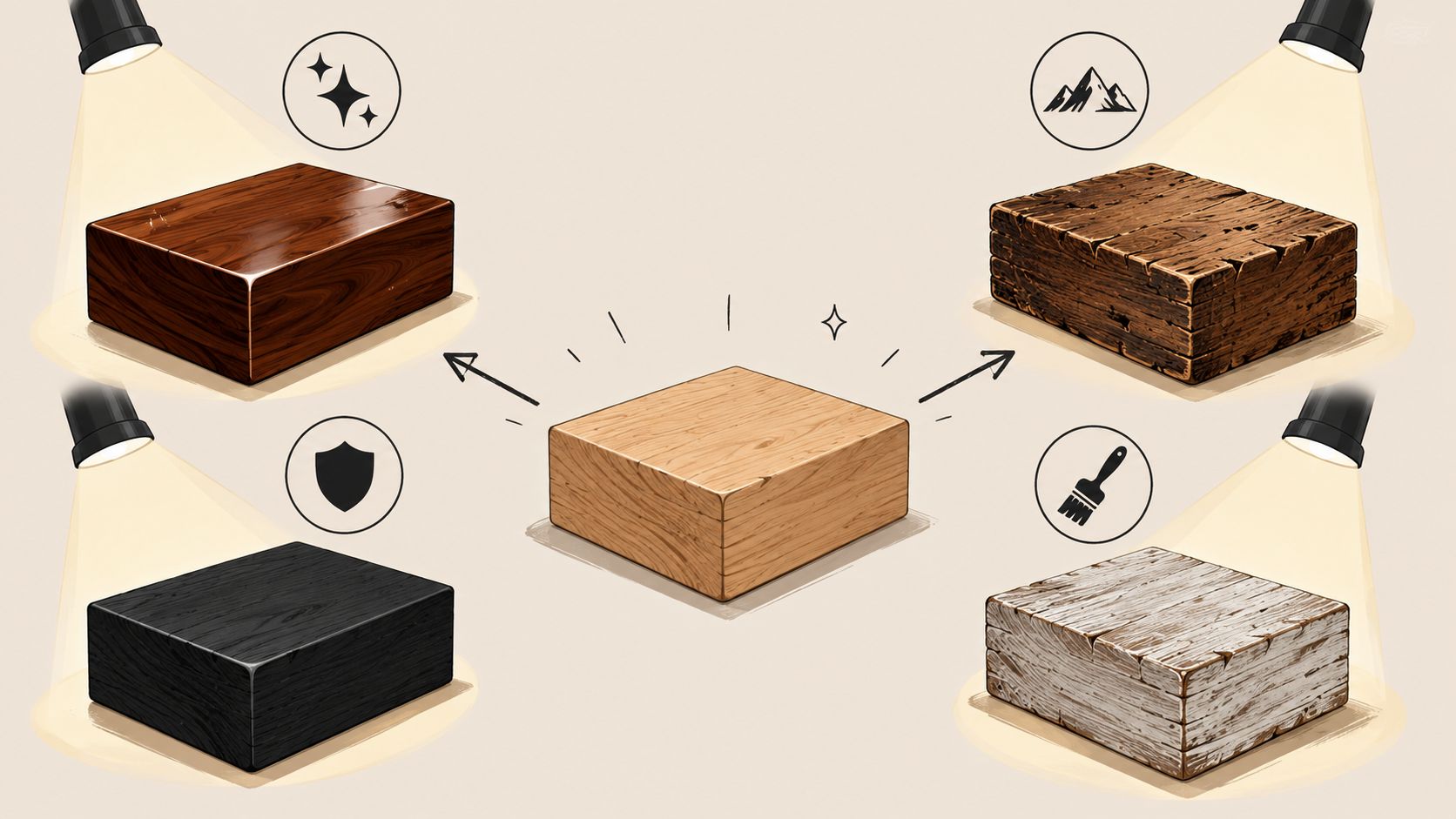 A diagram demonstrating various custom wood finishes applied to a plain wooden block in a studio setting.