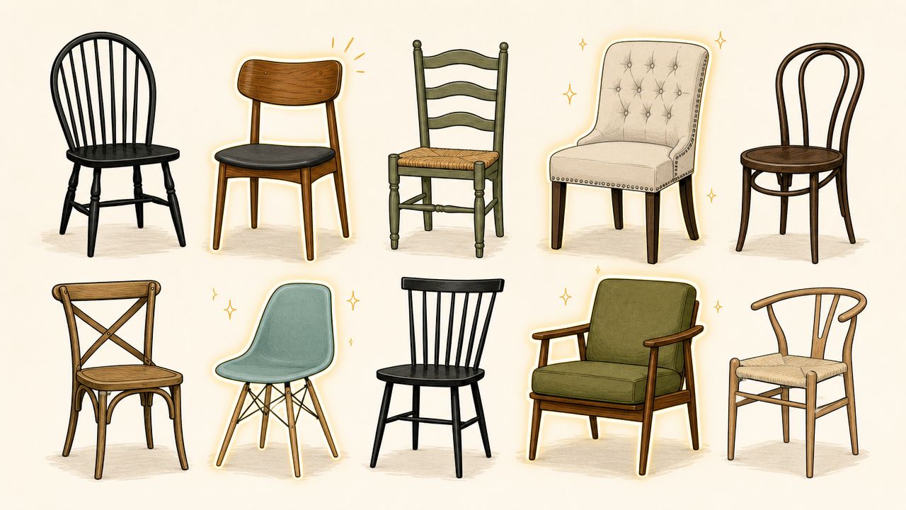 A diverse collection of ten distinct styles of dining chairs illustrated in a clean, minimalist art style.