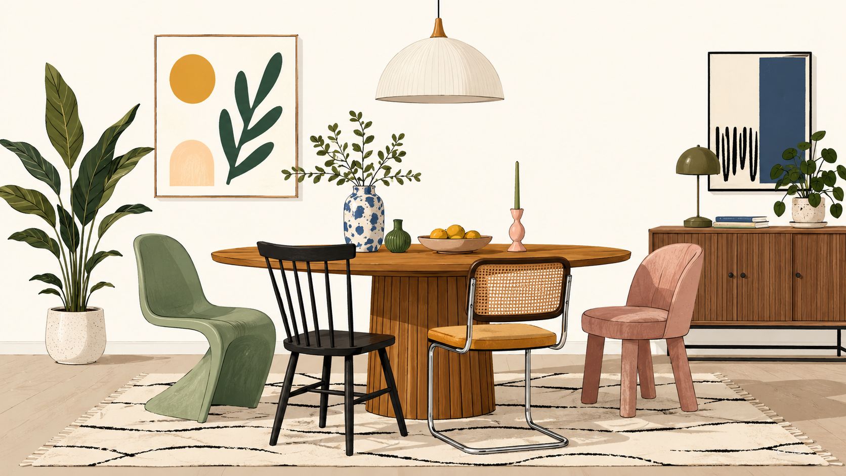 A modern dining room featuring a wooden table surrounded by diverse, eclectic styles of dining chairs.