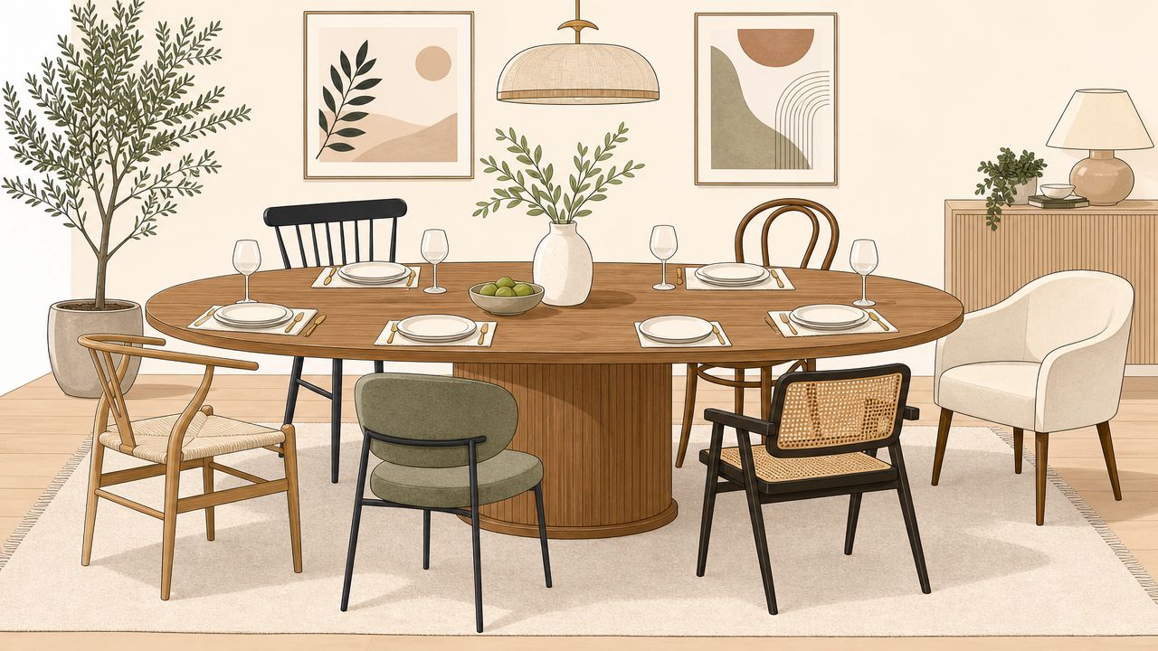 A dining room featuring an oval wooden table surrounded by a variety of mismatched stylish chairs.
