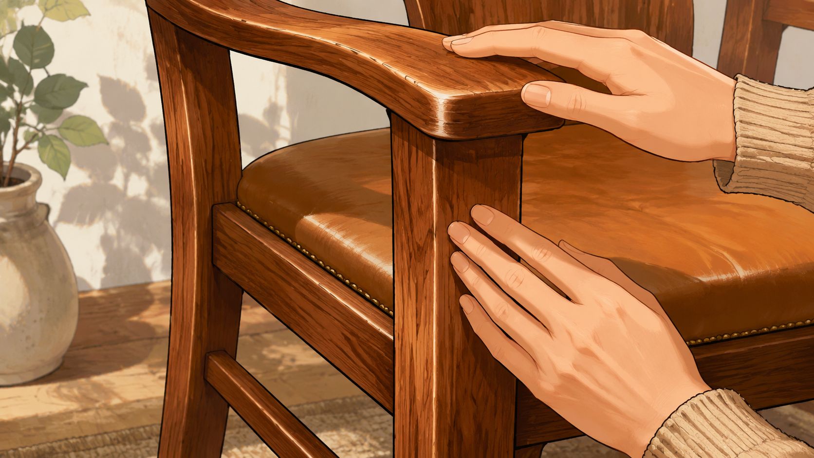 A close-up view of hands resting on the wooden armrest and frame of a classic dining chair.