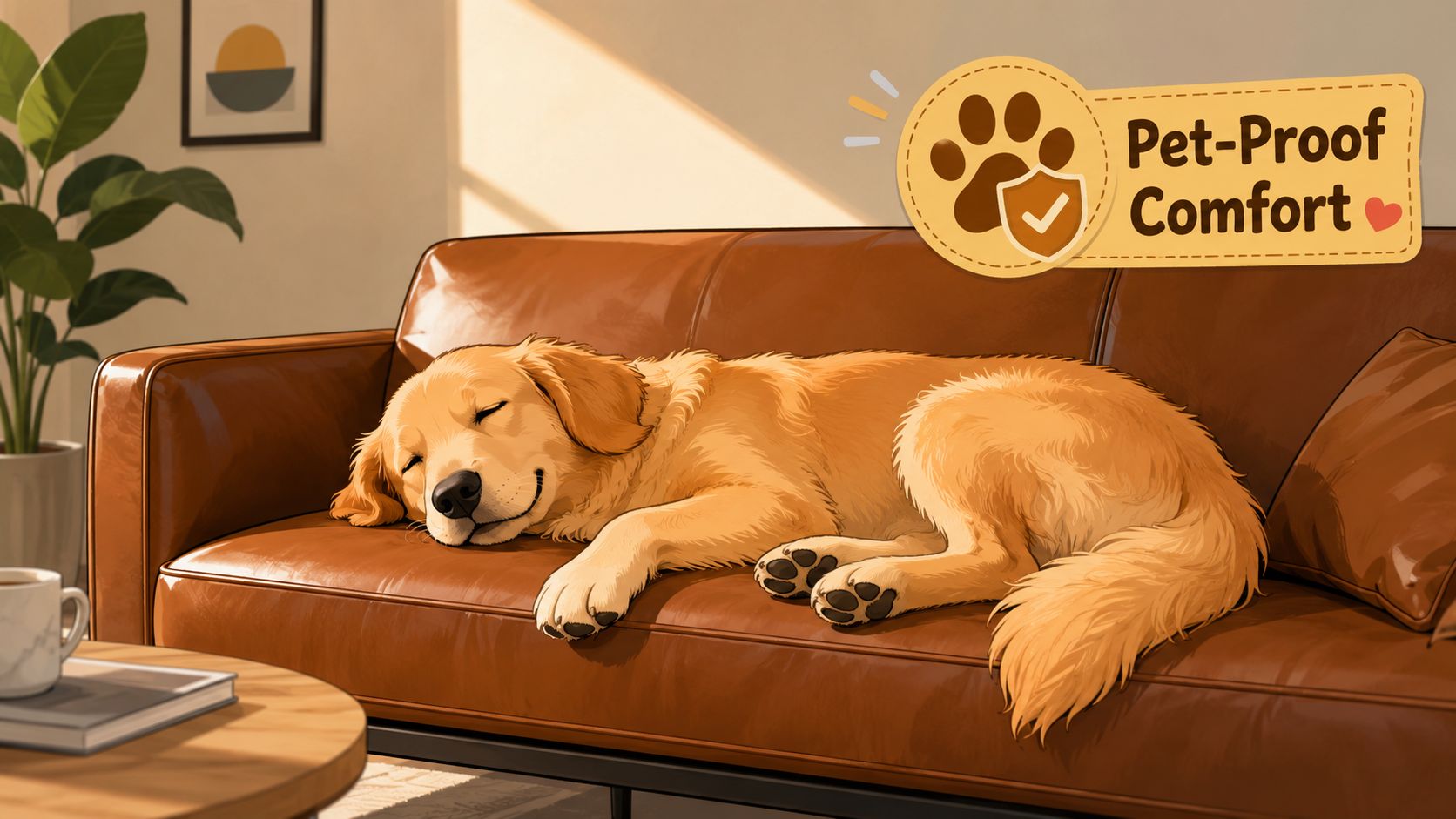 A happy golden retriever sleeping peacefully on a durable brown leather sofa in a sunlit living room.