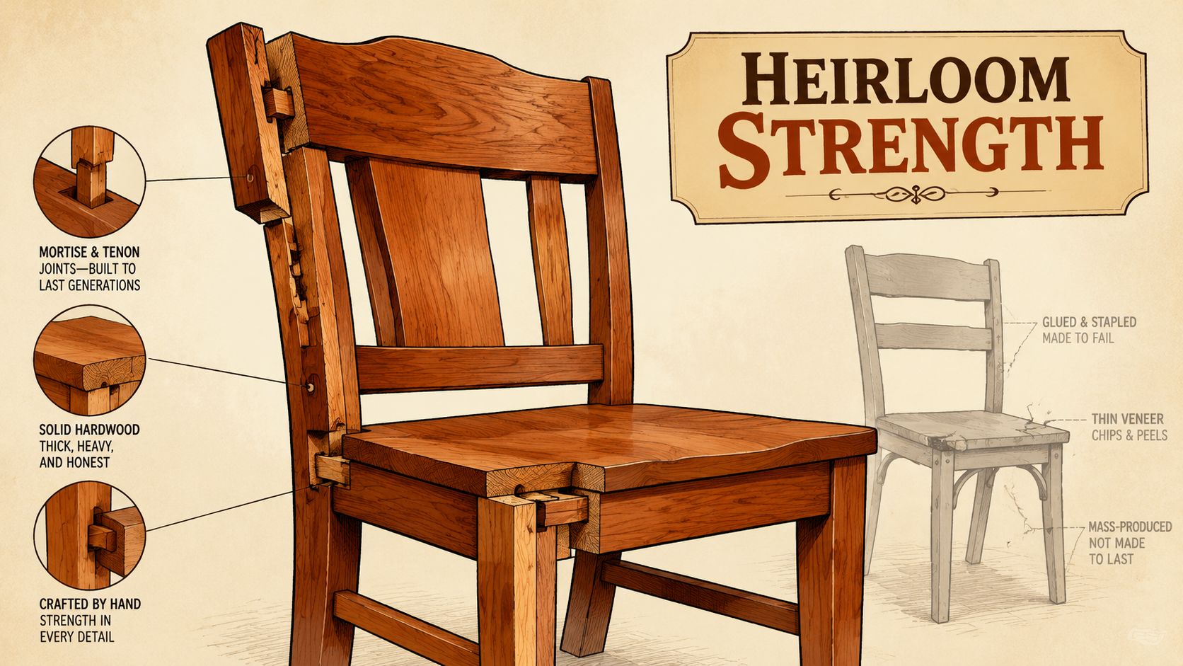 An illustration comparing durable handcrafted mortise and tenon wood furniture with poorly made mass produced furniture.