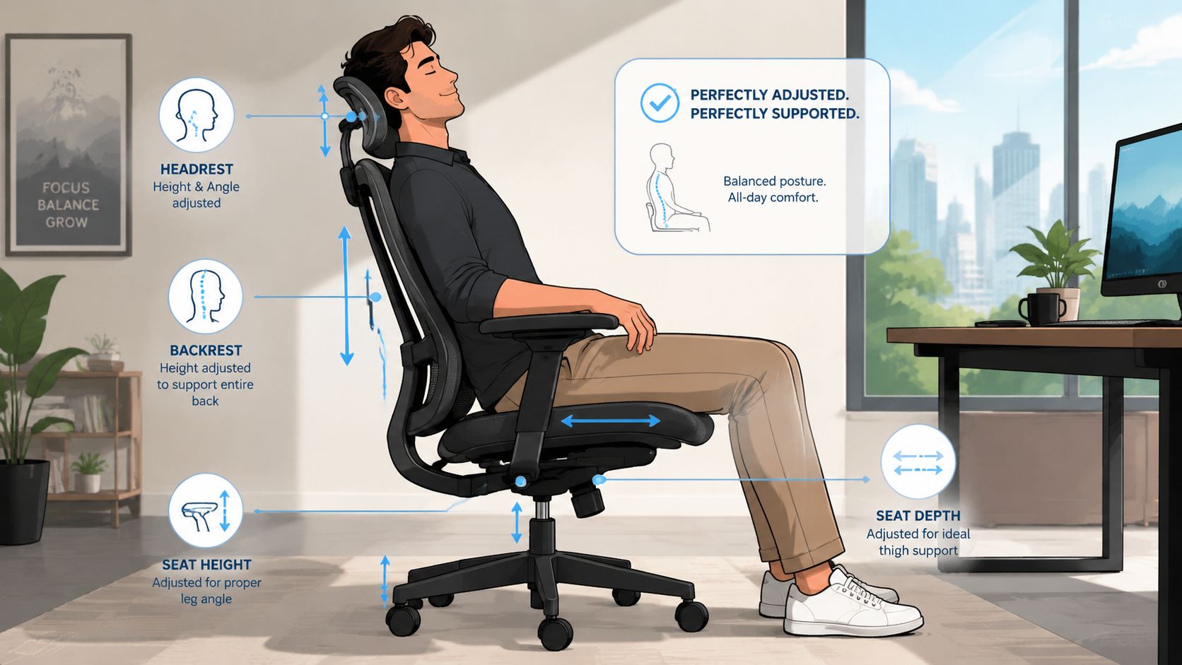 A man sitting comfortably in an adjustable black ergonomic office chair showcasing its various comfort features.