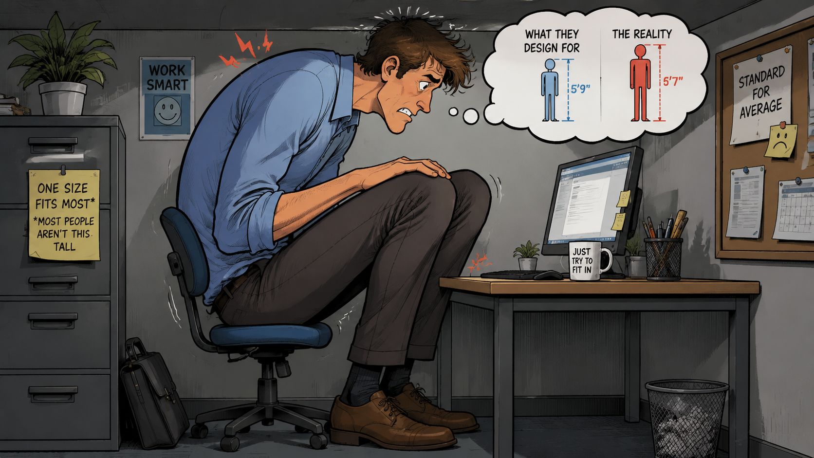 A tall man struggling in an uncomfortable, small office desk setup designed for shorter people.