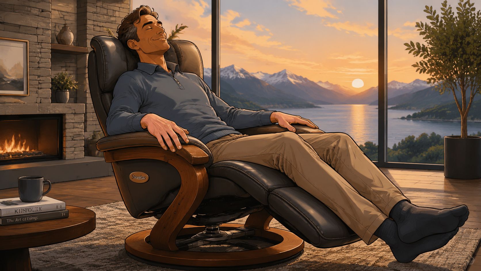 A man relaxing comfortably in a premium ergonomic recliner chair by a large window with a sunset view.