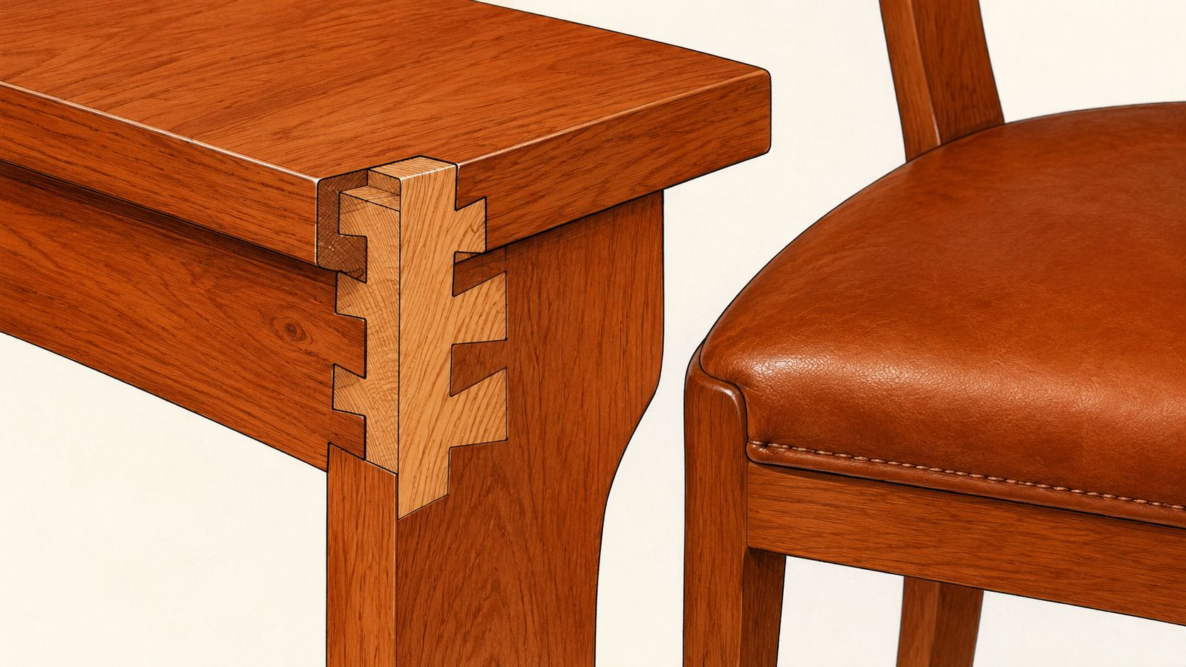 A close-up view of a complex wooden dovetail joint connecting a table top to its leg.