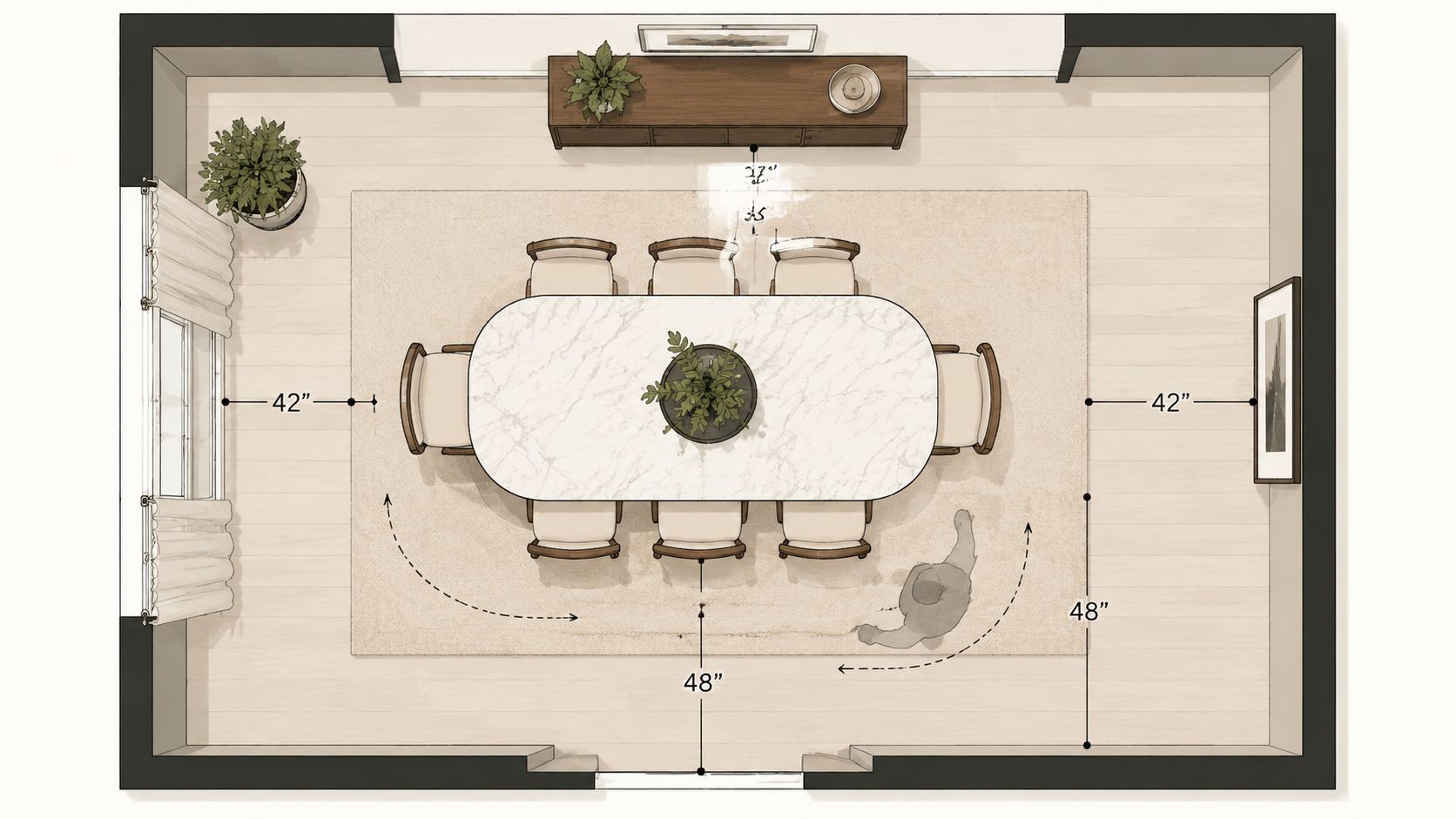 A top-down architectural floor plan of a dining room featuring an oval marble table and eight chairs.