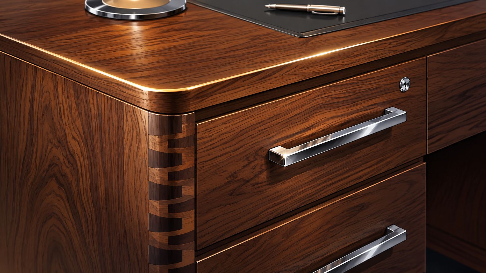 A luxurious wooden executive desk featuring a chrome drawer handle, a locked cabinet, and elegant wood grain patterns.