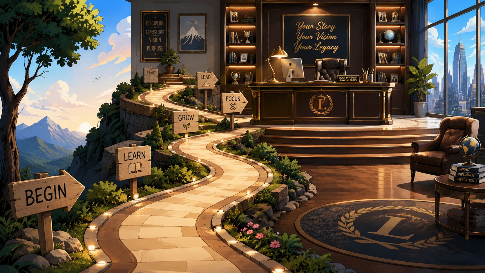A luxurious executive office blending into a mountain path marked with steps like begin, learn, and grow.