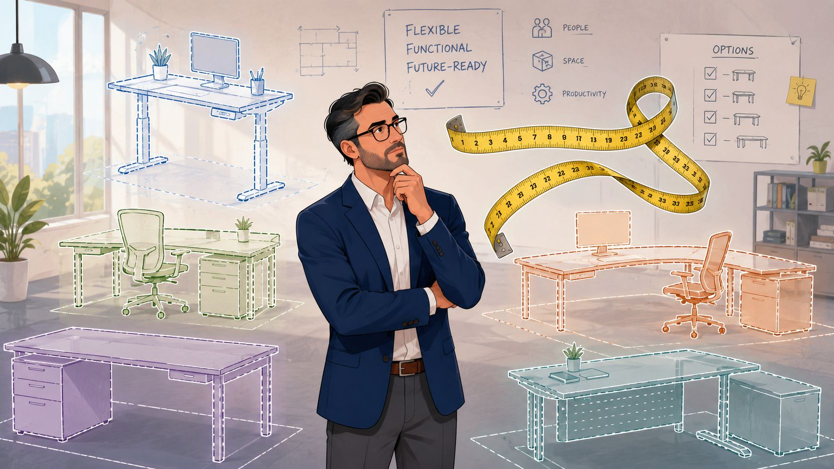 A professional man in a suit contemplating various office desk layouts while measuring space in an office.