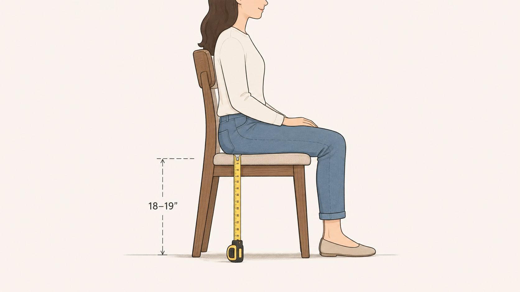 A woman sitting on a wooden dining chair while a measuring tape shows the seat height of 18-19 inches.