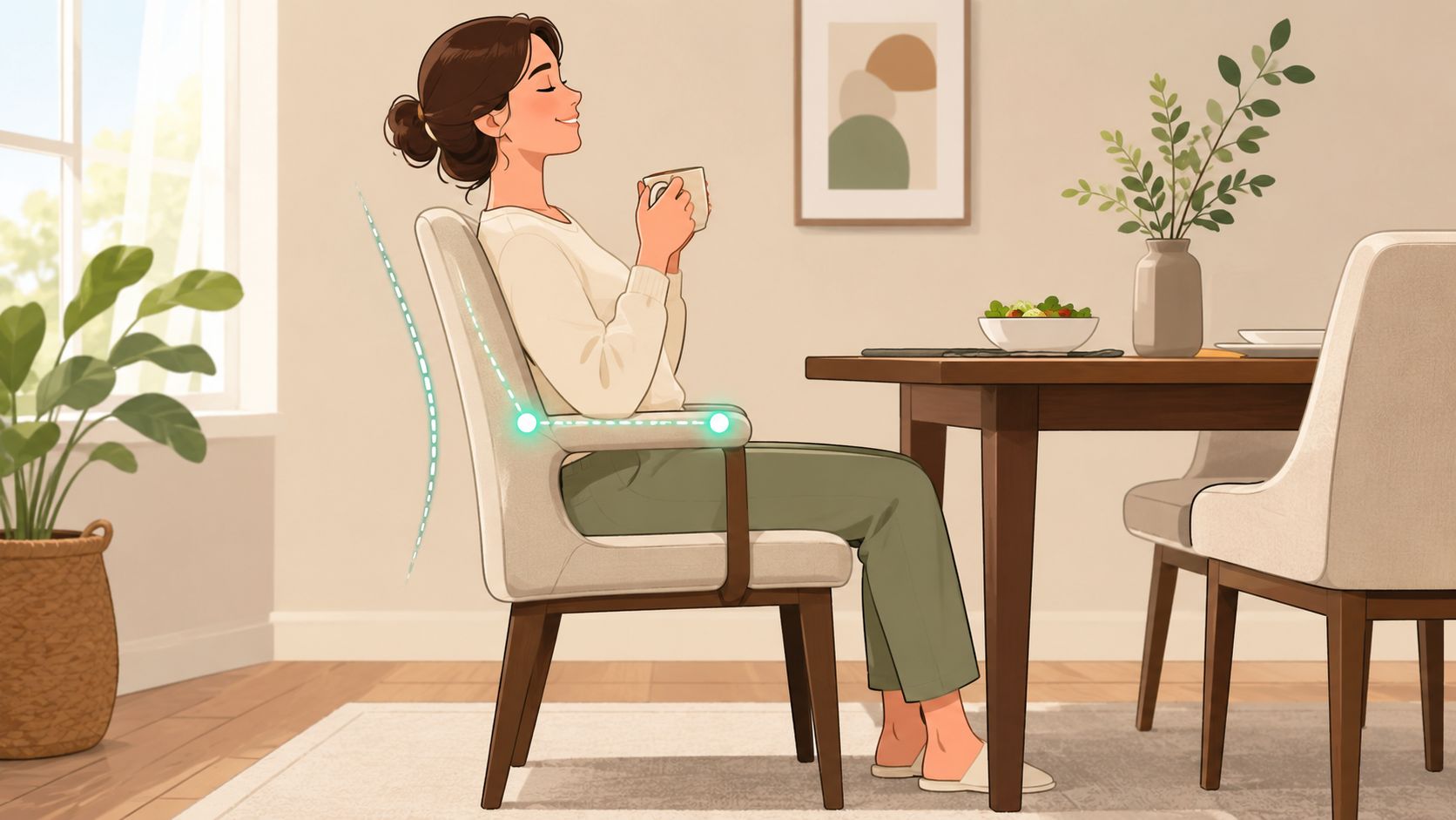 A woman sitting comfortably in an ergonomic dining chair at a table while holding a coffee cup.