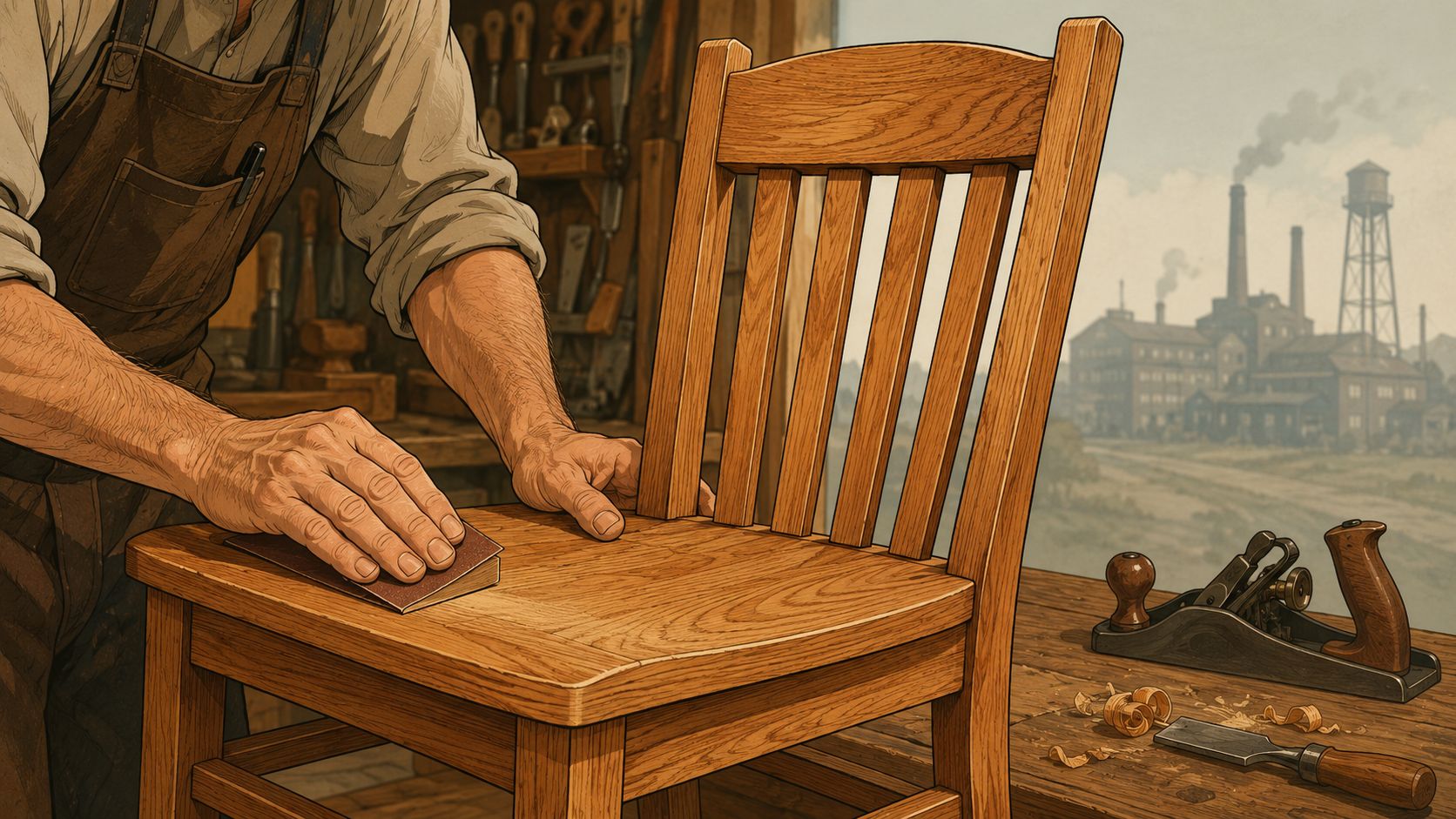 A craftsman carefully sands the seat of a newly built wooden dining chair in his workshop.