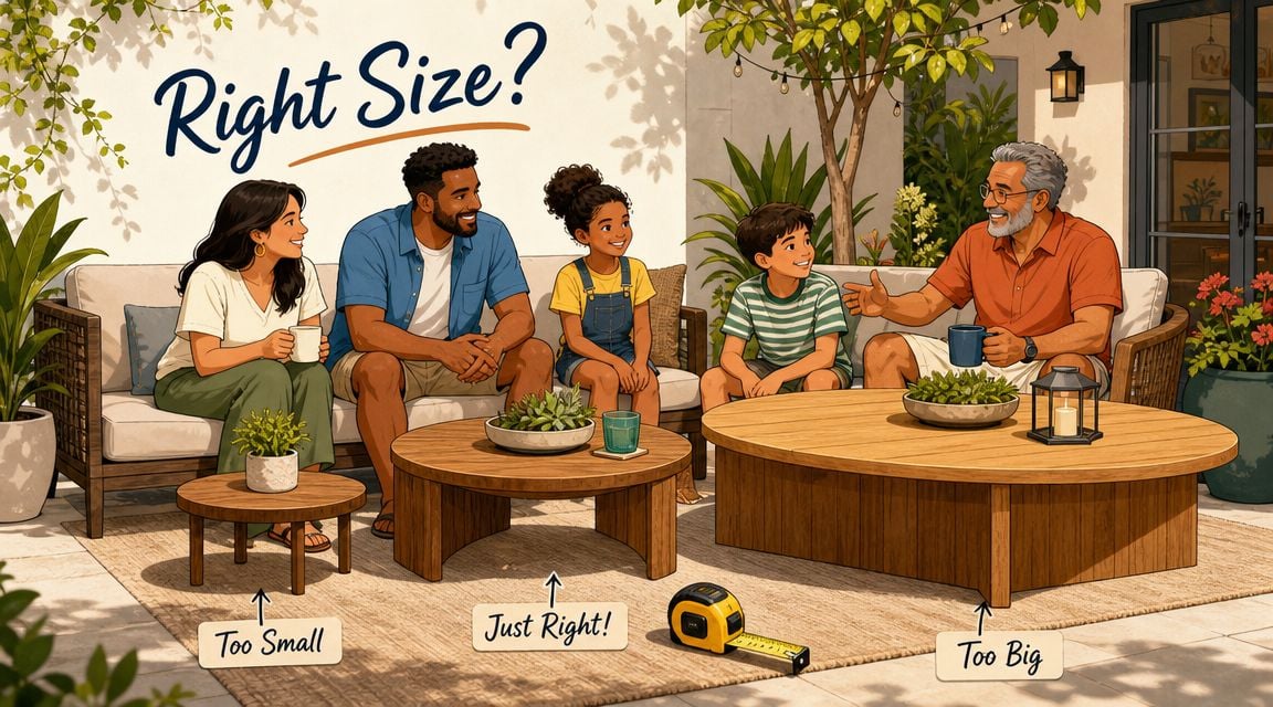A family sits on an outdoor sofa comparing coffee tables of three different sizes to choose the best one.