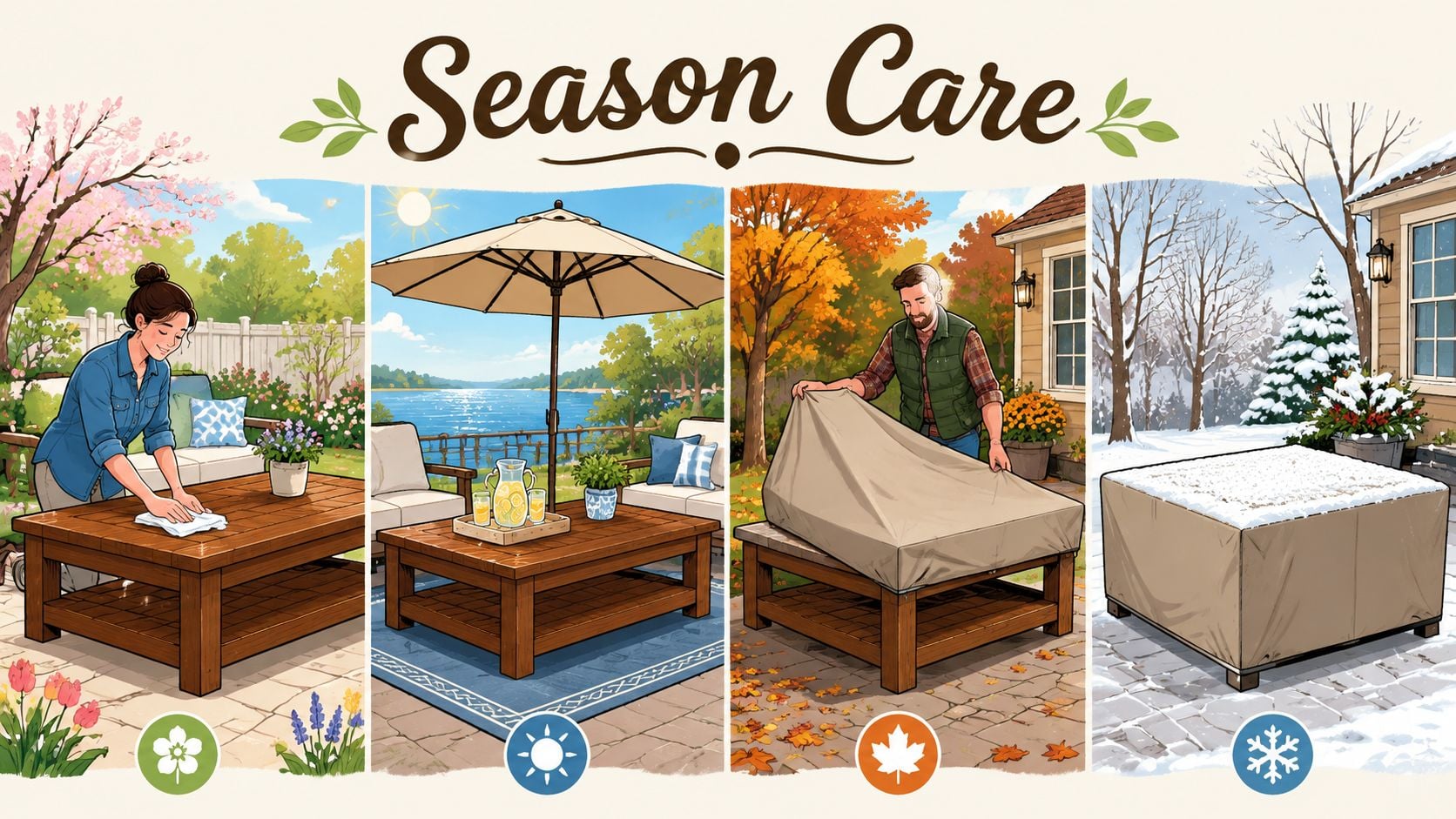 A four-part illustration demonstrating seasonal maintenance and care for a large outdoor coffee table throughout the year.
