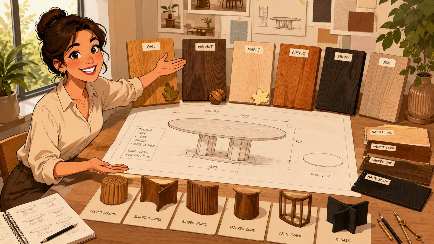 A friendly designer presents various wood samples and table base designs for a custom oval dining table project.