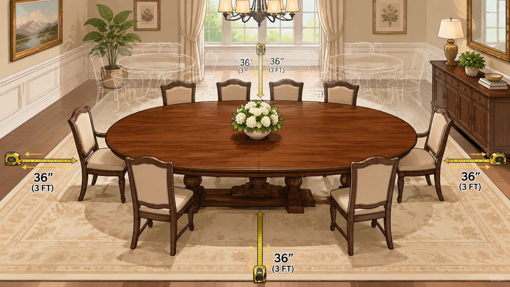 An illustration showing a large oval dining table centered on a rug with 36-inch clearance measurements.