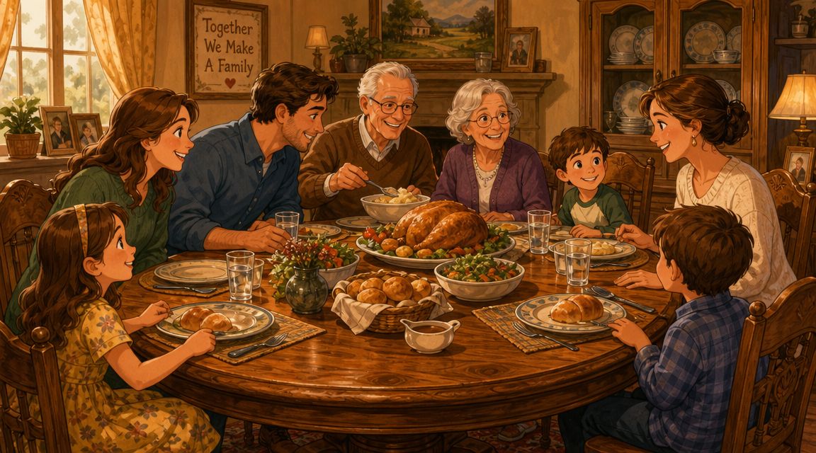 A happy multi-generational family sitting around a large oval dining table enjoying a traditional Thanksgiving dinner together.