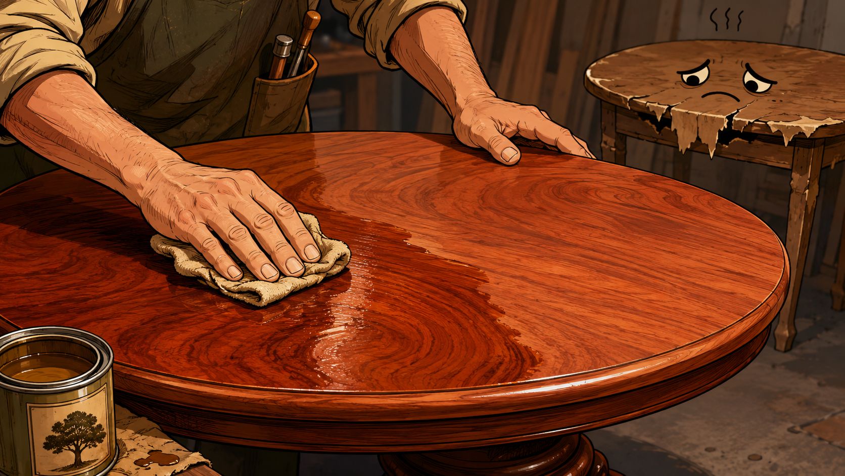 A woodworker applies a glossy finish to a large oval dining table as a damaged table watches sadly.