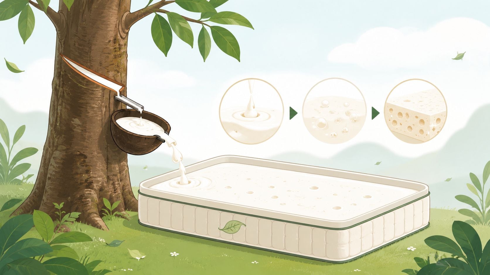 A natural rubber tree being tapped, with latex flowing into a mattress, illustrating latex mattress production.