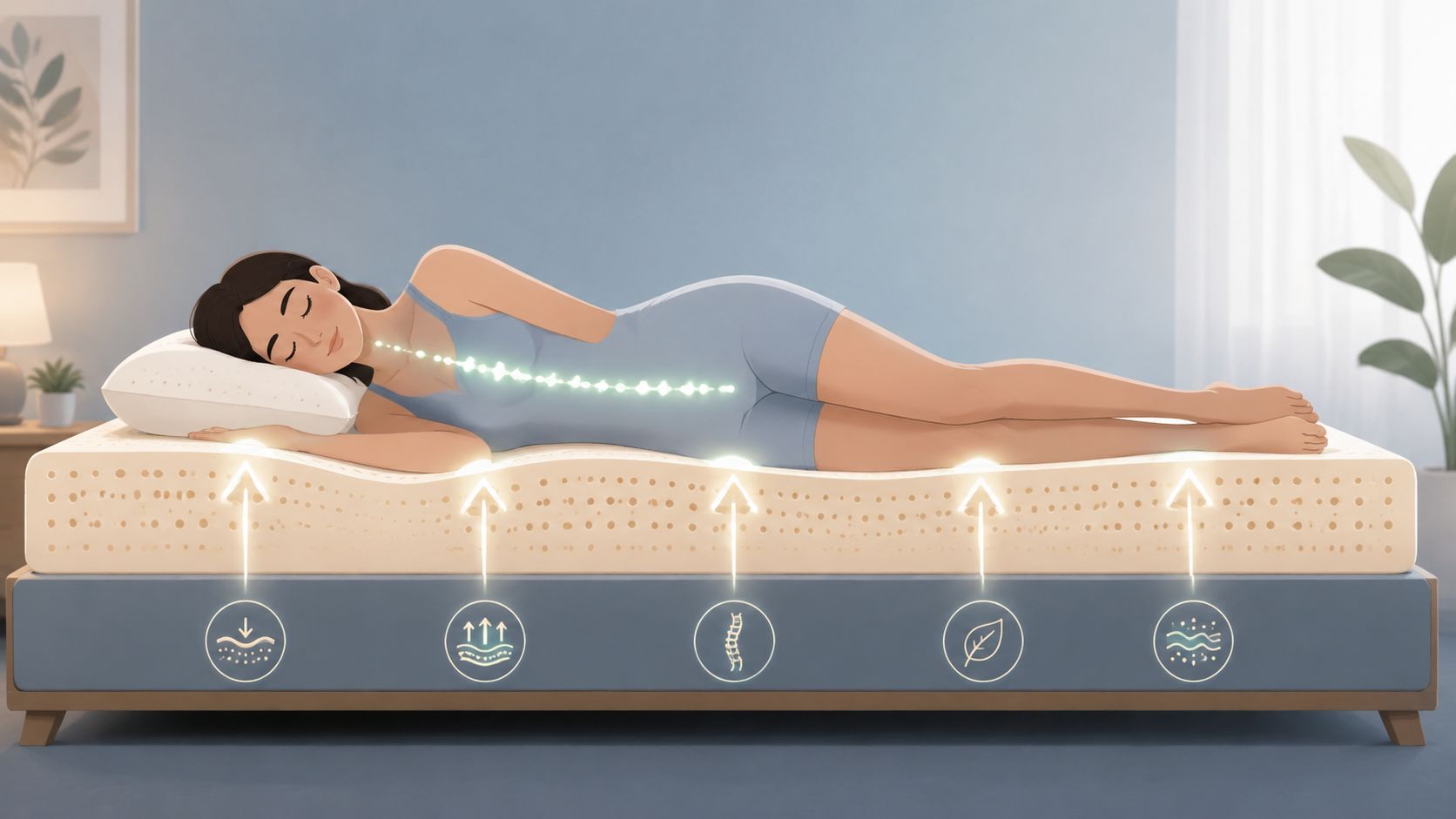A side view illustration of a woman sleeping comfortably on an ergonomic latex mattress supporting her spine.