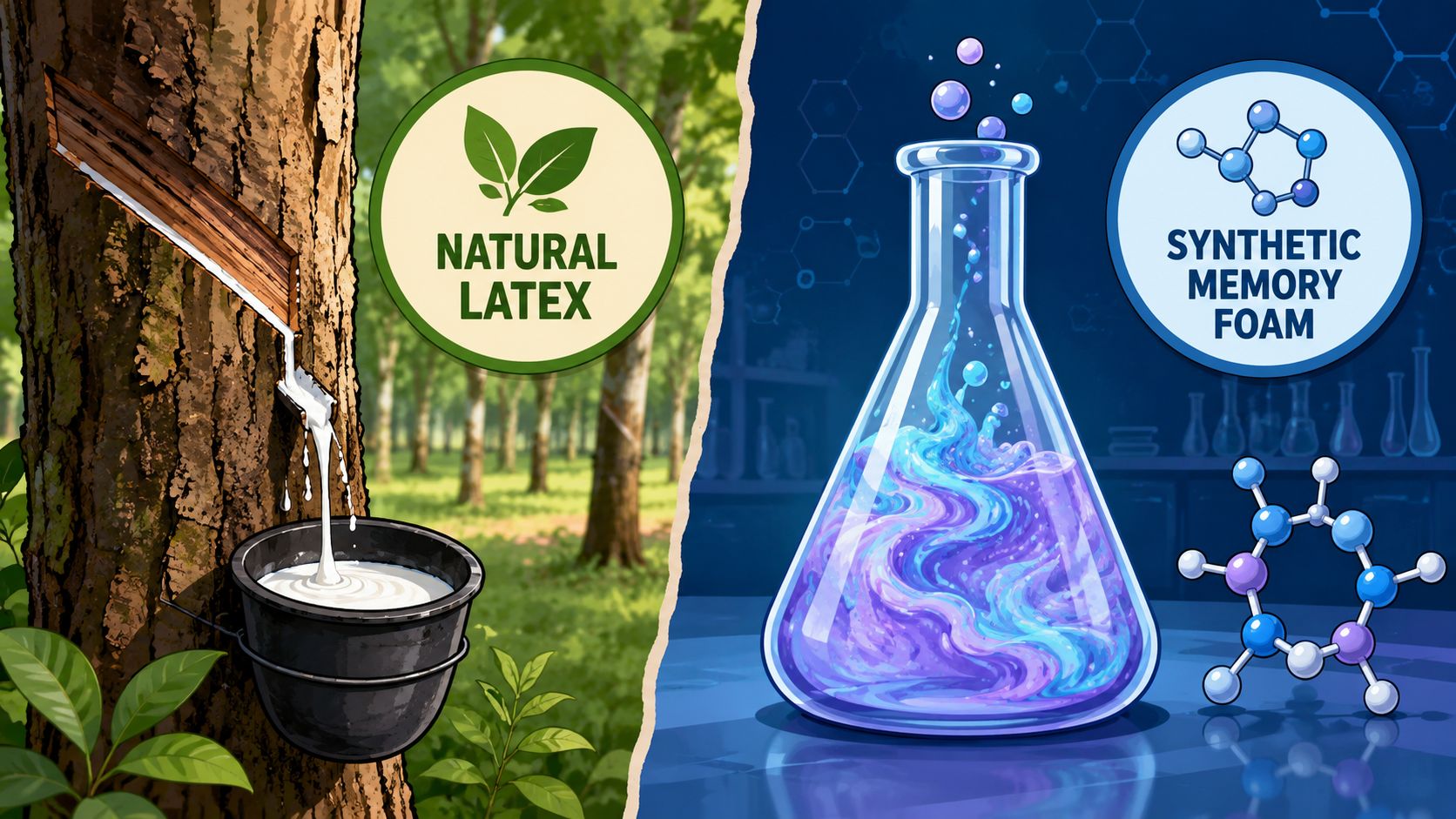 A split image comparing natural latex harvested from rubber trees with synthetic memory foam created in a laboratory.