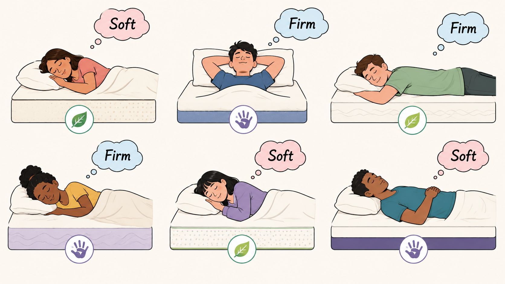A diagram comparing latex and memory foam mattress preferences for people in different sleeping positions.