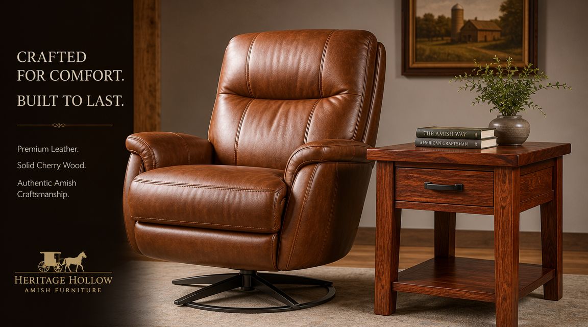 A brown leather swivel recliner chair sits next to a solid cherry wood side table in a room.