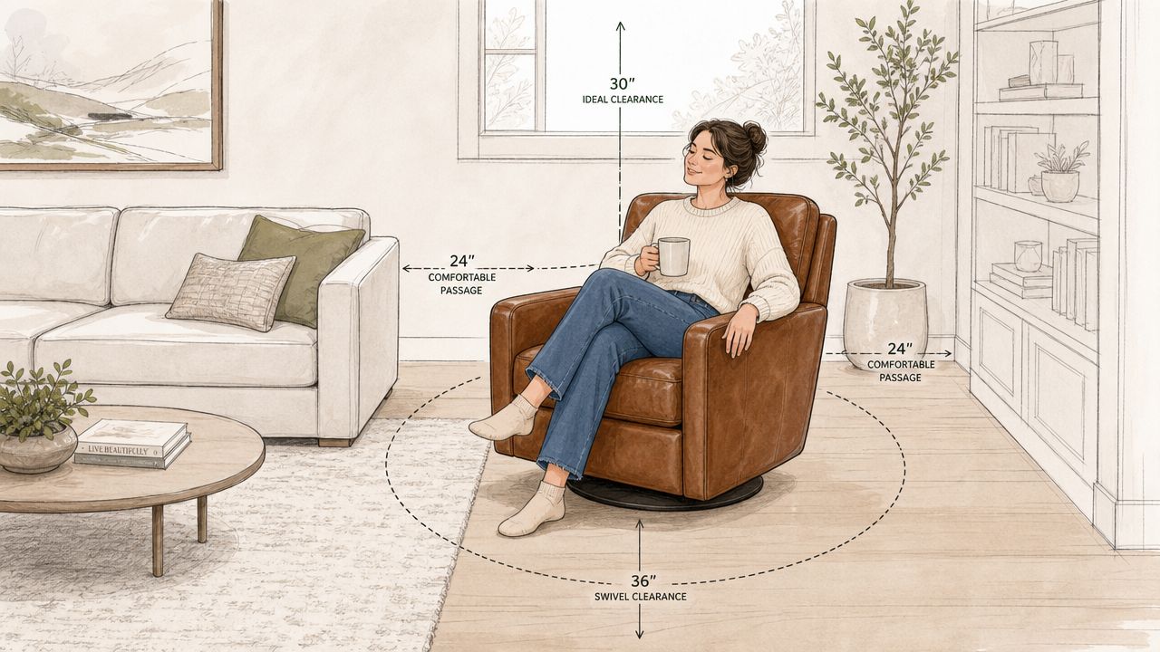 An illustration showing ideal placement and clearance dimensions for a leather swivel chair in a living room.