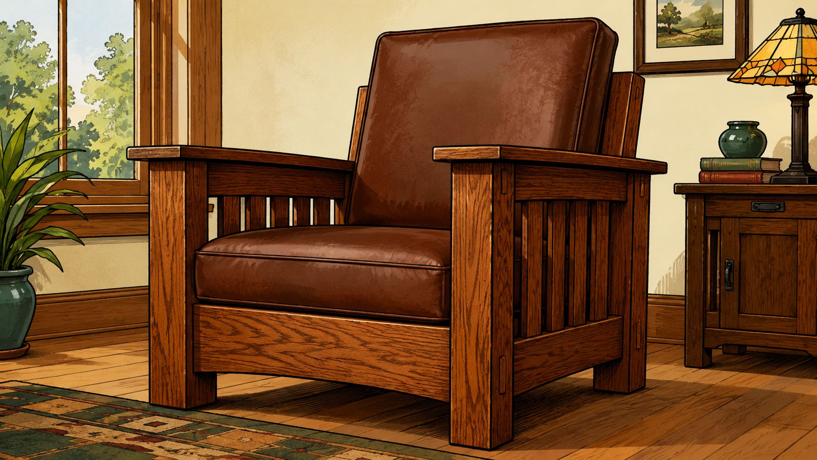 A leather Mission style armchair with a wooden frame sitting in a cozy living room interior.
