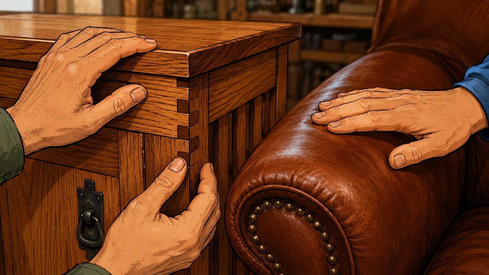 Close-up of hands inspecting the joinery of handcrafted mission style furniture next to a leather armchair.