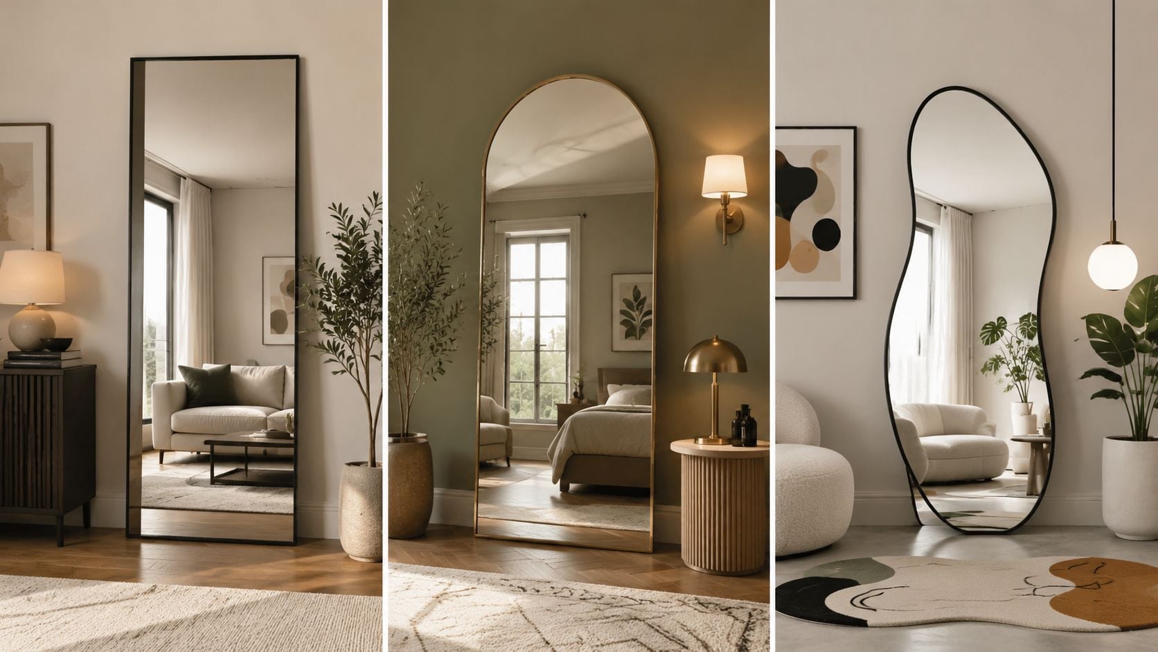 A collage showing three different interior room designs featuring stylish modern floor mirrors of varying shapes.