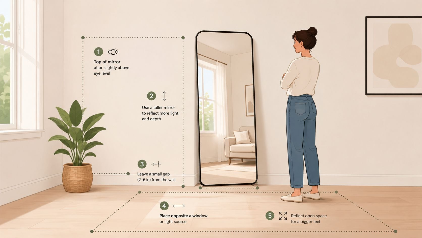 An illustration showing five tips for positioning a tall modern floor mirror in a living room space.