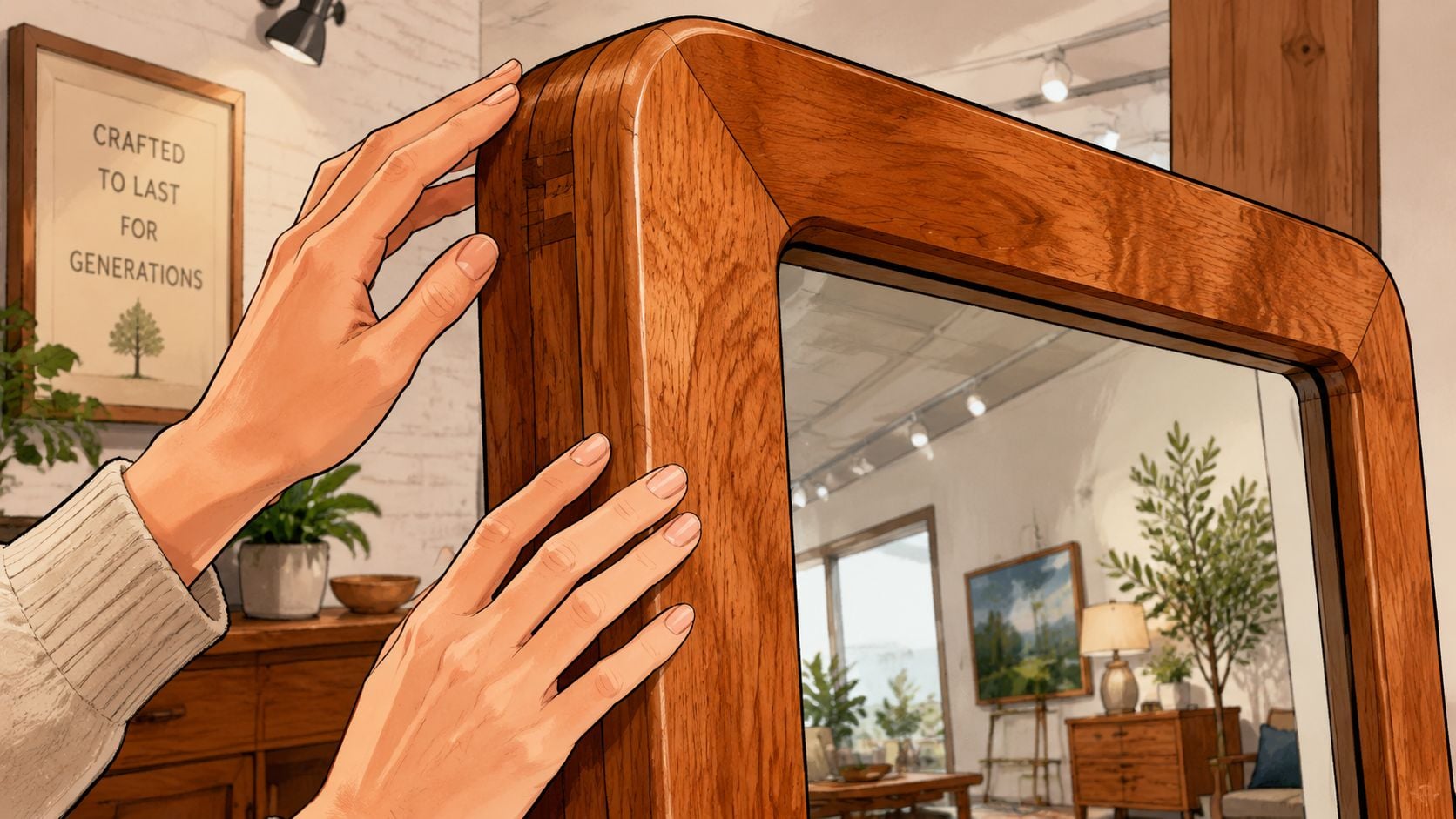 A pair of hands touching the smooth wooden frame of a high-quality modern floor mirror.