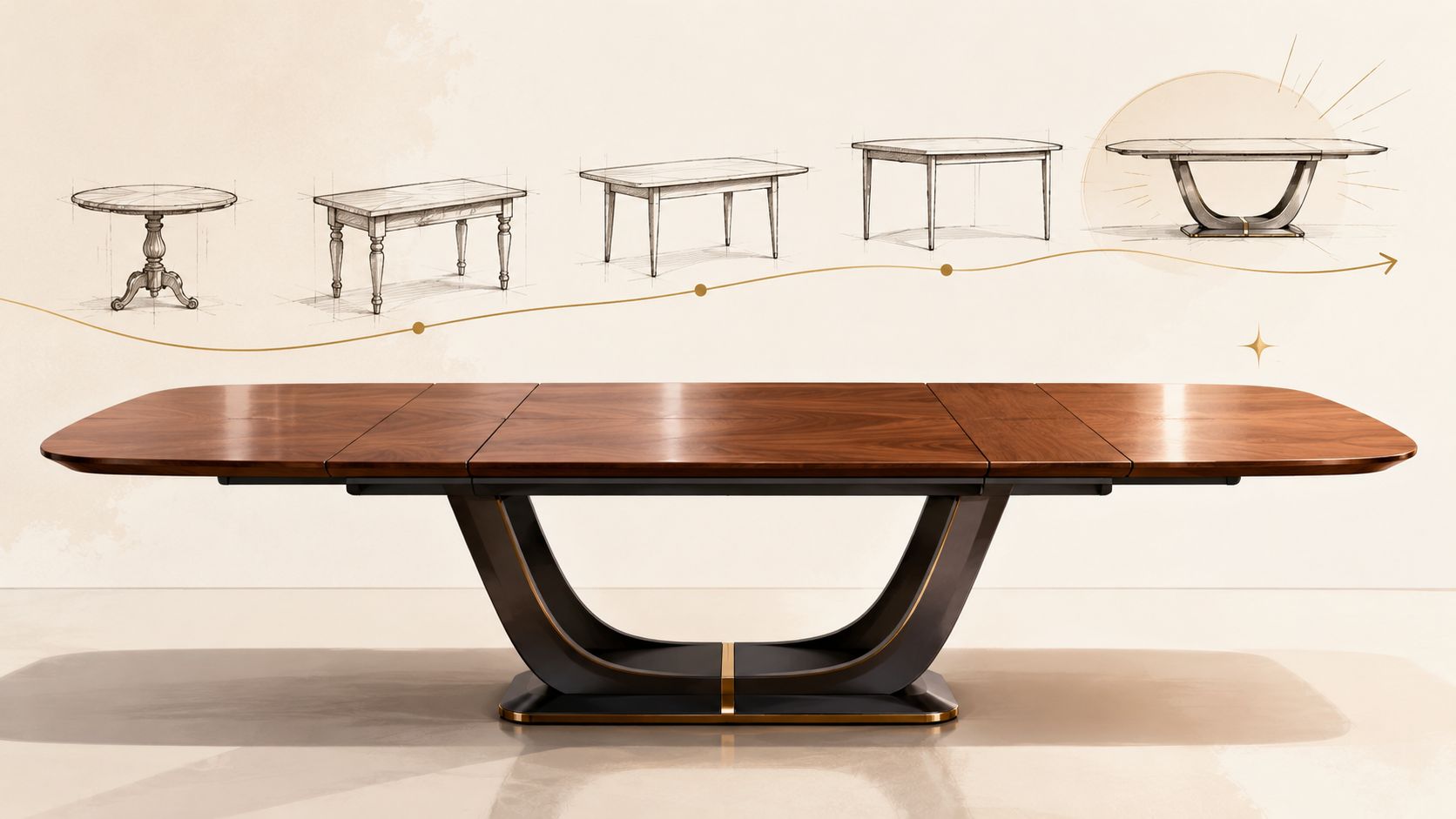 A sleek, extendable modern walnut wood dining table with a unique curved pedestal base and design evolution sketches.