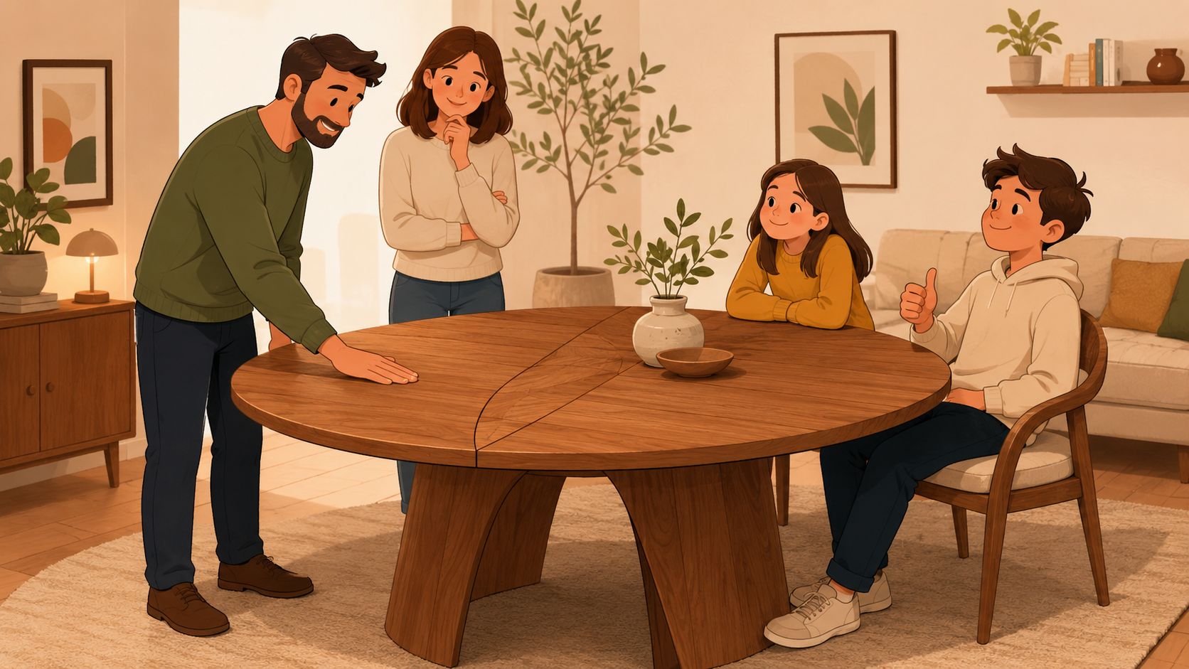 A happy family standing around a modern wooden dining table in a cozy, well-lit living room.