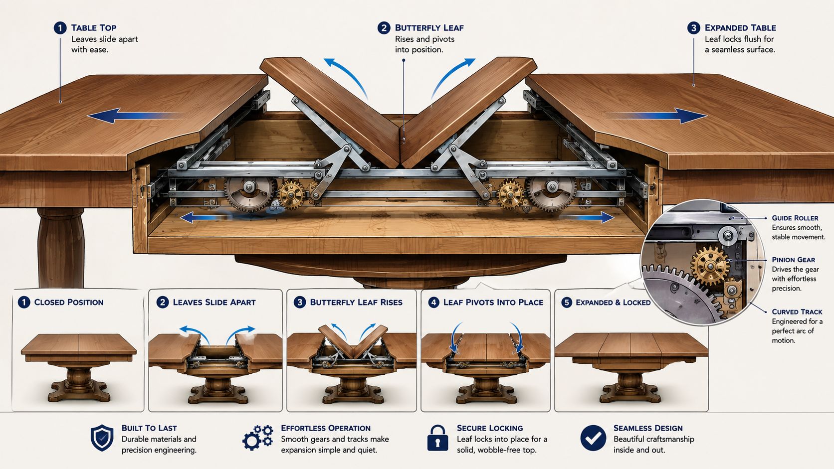 A technical diagram illustrating the mechanical operation of a wooden butterfly leaf dining table and its components.