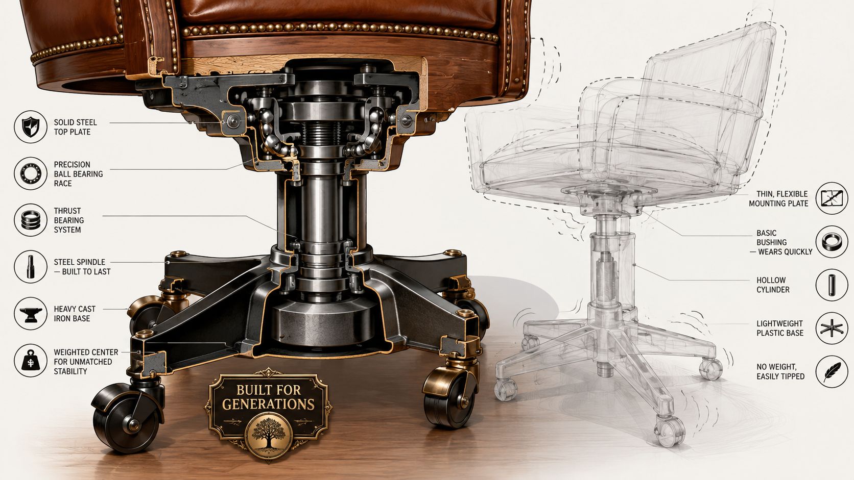 A detailed cross-section comparison between a durable, high-quality vintage office chair and a flimsy, modern plastic chair.