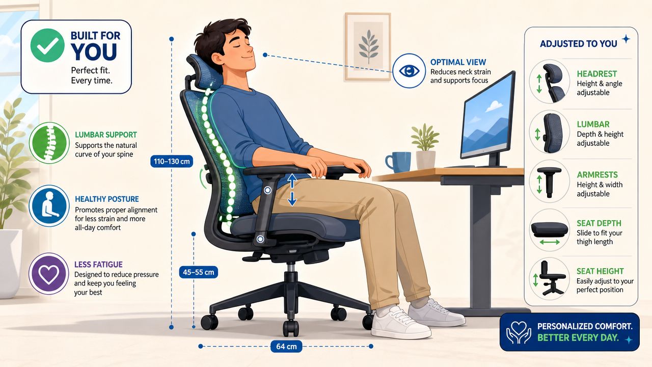 A diagram demonstrating the adjustable features of an ergonomic office chair for better posture and comfort.