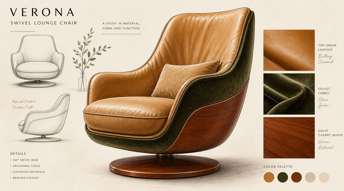 A design concept presentation sheet for a Verona swivel lounge chair featuring leather, velvet, and wood materials.