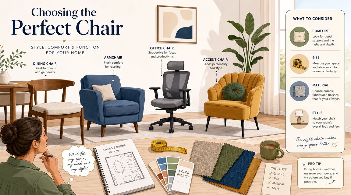 A guide on choosing chairs for your home, showcasing different styles with comfort and design tips.